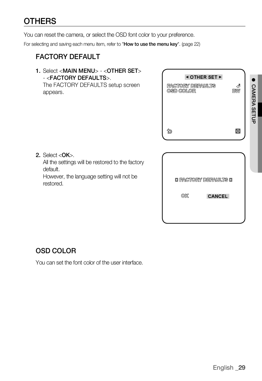 Samsung SNC-B2335P manual Others, Factory Default, OSD Color, You can set the font color of the user interface 