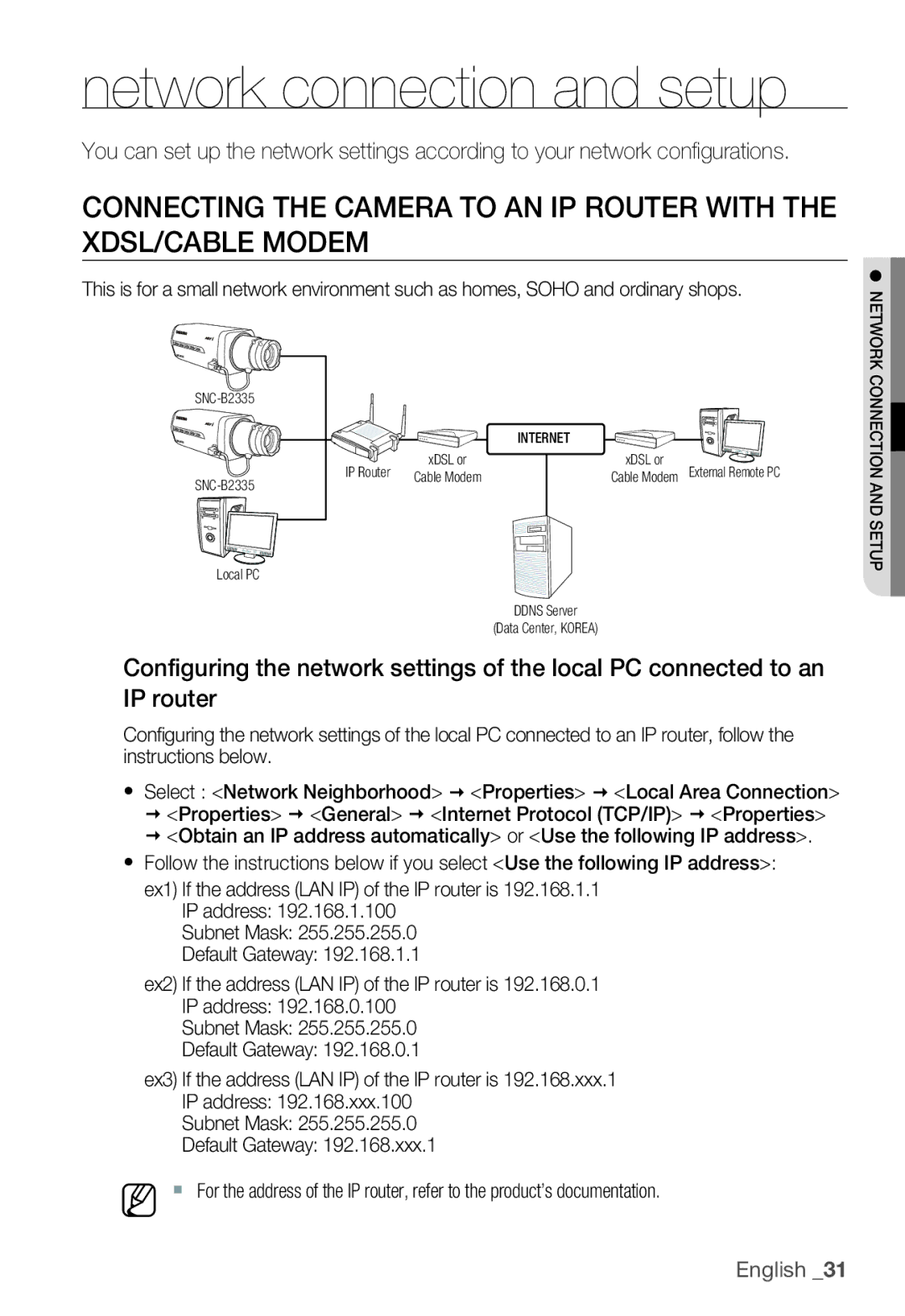 Samsung SNC-B2335P manual Network connection and setup 