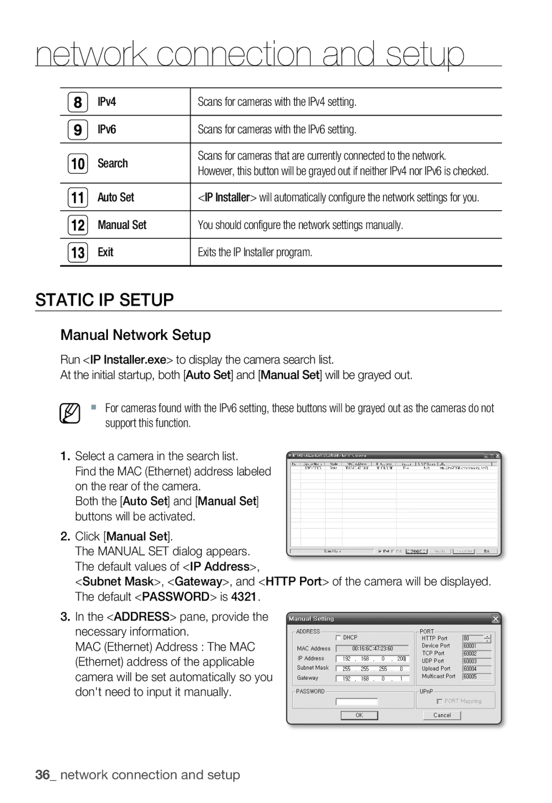 Samsung SNC-B2335P manual Static IP Setup, Manual Network Setup, Auto Set 