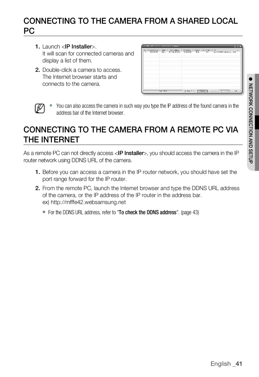 Samsung SNC-B2335P manual Connecting to the Camera from a Shared Local PC, Ex http//mfffe42.websamsung.net 