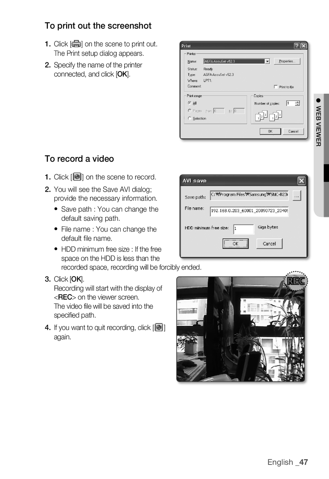 Samsung SNC-B2335P manual To print out the screenshot, To record a video, Click on the scene to record 