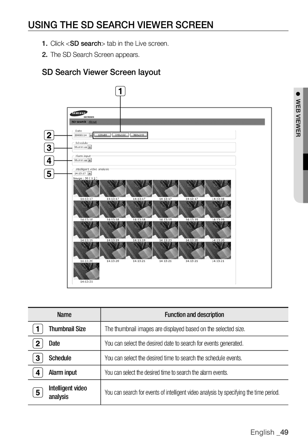 Samsung SNC-B2335P manual Using the SD Search Viewer Screen, SD Search Viewer Screen layout 