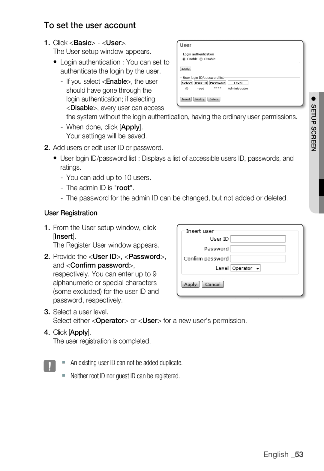 Samsung SNC-B2335P manual To set the user account, Click Basic User User setup window appears 