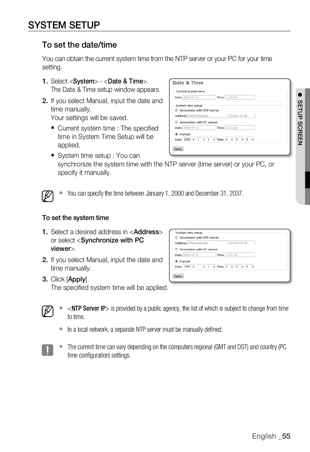 Samsung SNC-B2335P manual System Setup, To set the date/time 