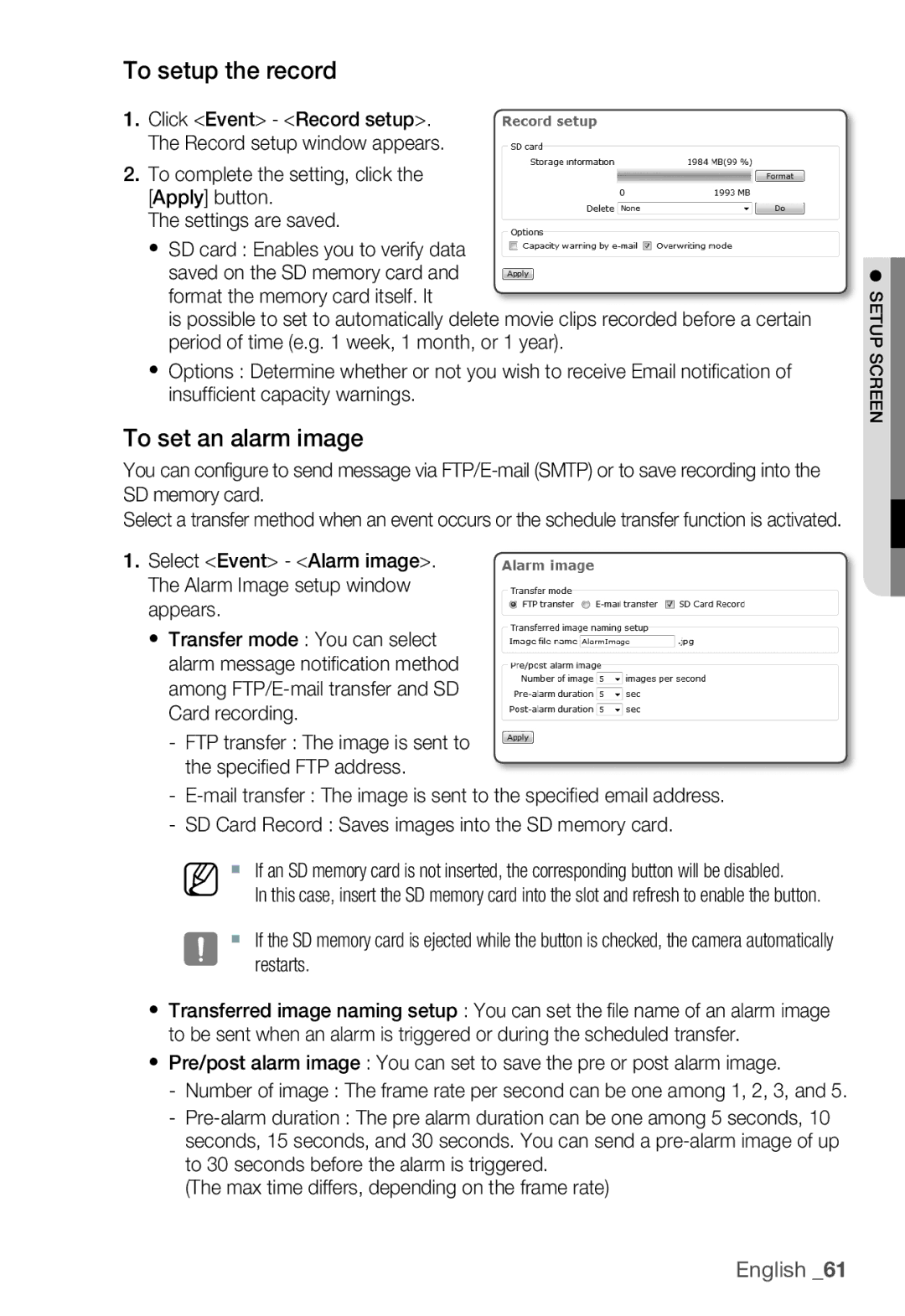 Samsung SNC-B2335P manual To setup the record, To set an alarm image 