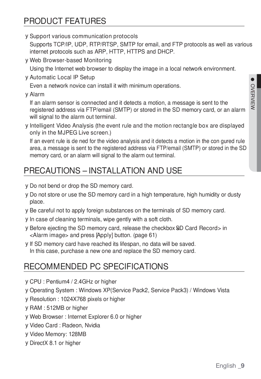 Samsung SNC-B2335P manual Product Features, Precautions Installation and USE, Recommended PC Specifications 