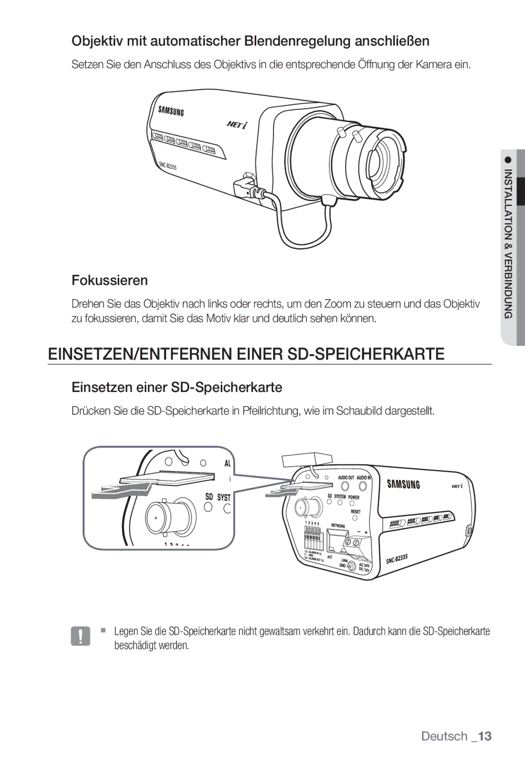 Samsung SNC-B2335P EINSETZEN/ENTFERNEN Einer SD-SPEICHERKARTE, Objektiv mit automatischer Blendenregelung anschließen 