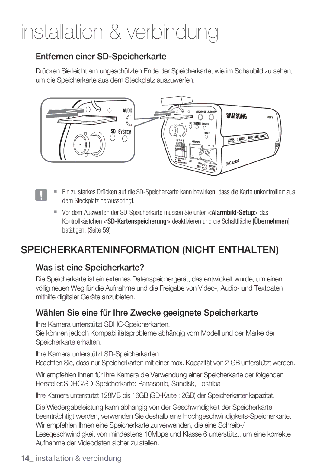 Samsung SNC-B2335P manual Speicherkarteninformation Nicht Enthalten, Entfernen einer SD-Speicherkarte 