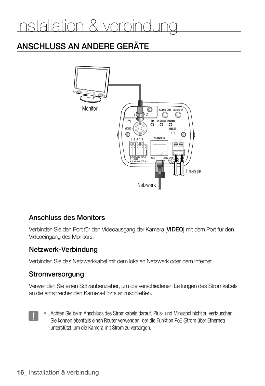 Samsung SNC-B2335P manual Anschluss AN Andere Geräte, Anschluss des Monitors, Netzwerk-Verbindung, Stromversorgung 