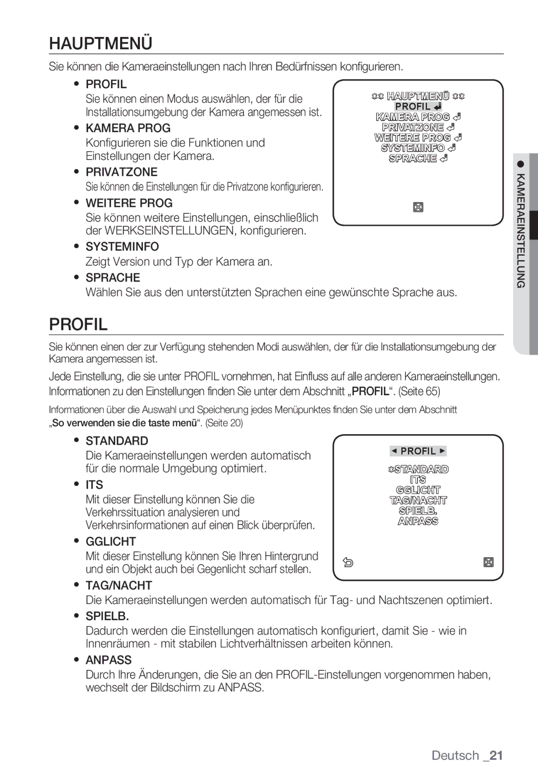 Samsung SNC-B2335P manual Hauptmenü, Profil, Standard, Its, Gglicht 