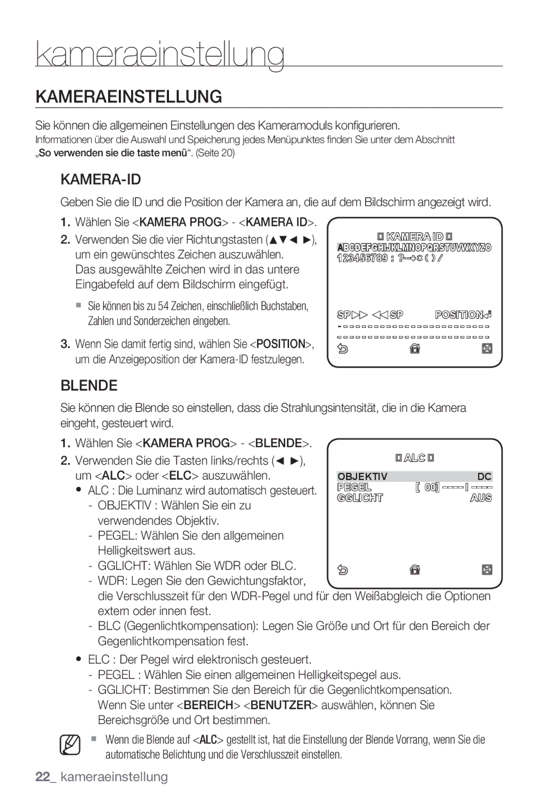 Samsung SNC-B2335P manual Kameraeinstellung, Kamera-Id, Blende, Zahlen und Sonderzeichen eingeben 