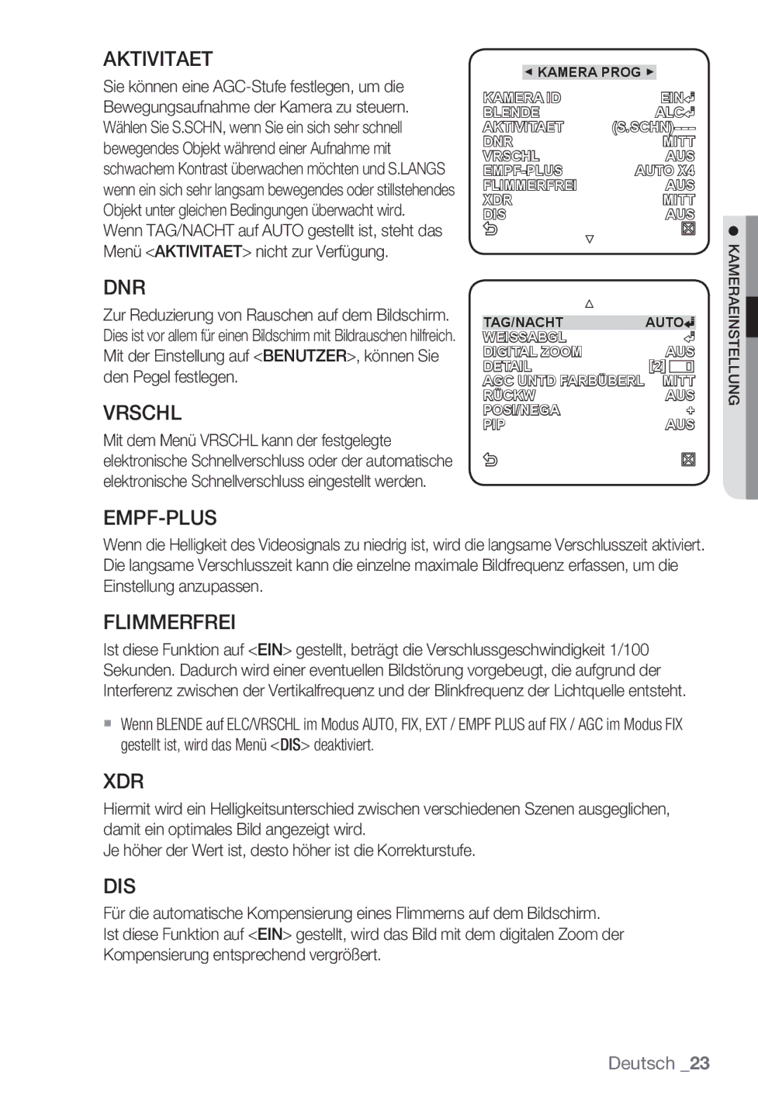 Samsung SNC-B2335P manual Aktivitaet, Dnr, Vrschl, Empf-Plus, Flimmerfrei, Xdr, Dis 