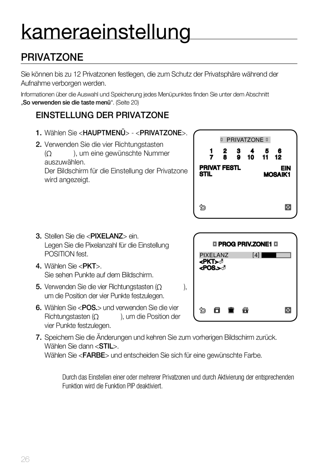 Samsung SNC-B2335P manual Einstellung DER Privatzone 