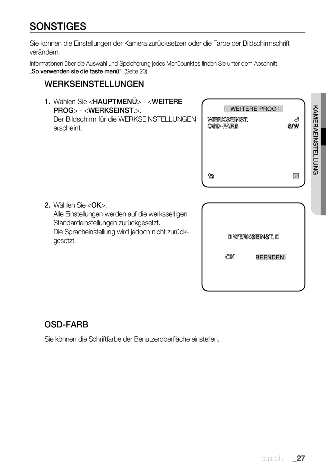 Samsung SNC-B2335P manual Sonstiges, Werkseinstellungen, Osd-Farb, Die Spracheinstellung wird jedoch nicht zurück- gesetzt 