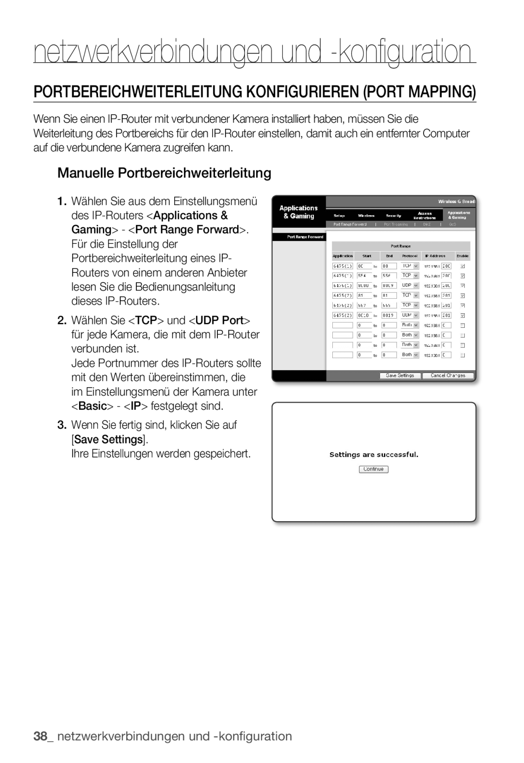 Samsung SNC-B2335P manual Portbereichweiterleitung Konfigurieren Port Mapping, Manuelle Portbereichweiterleitung 