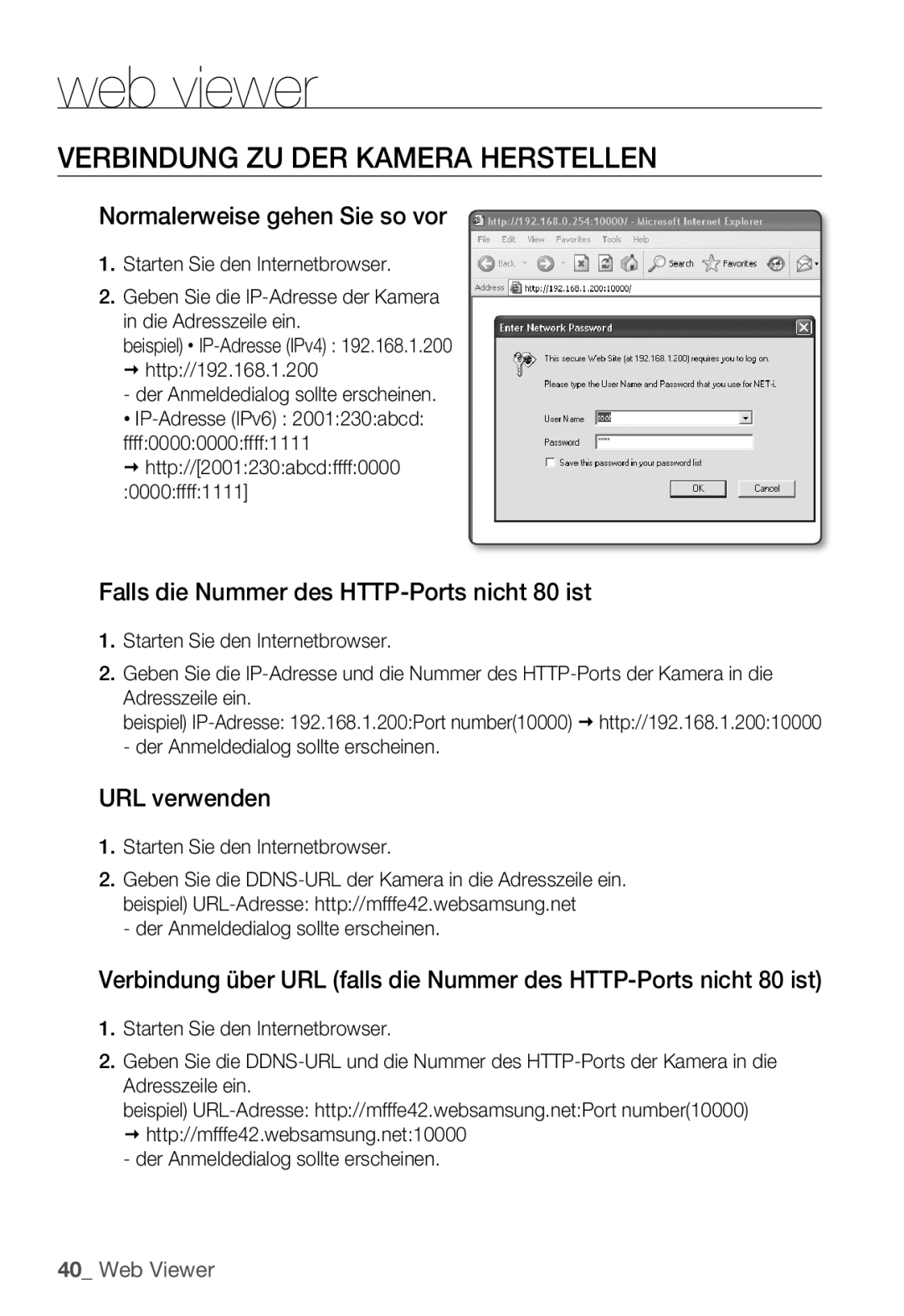 Samsung SNC-B2335P manual Verbindung ZU DER Kamera Herstellen, Normalerweise gehen Sie so vor, URL verwenden 