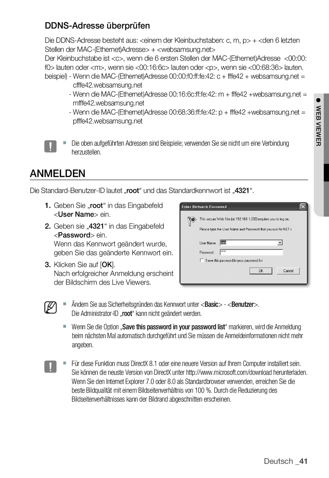 Samsung SNC-B2335P manual Anmelden, DDNS-Adresse überprüfen 