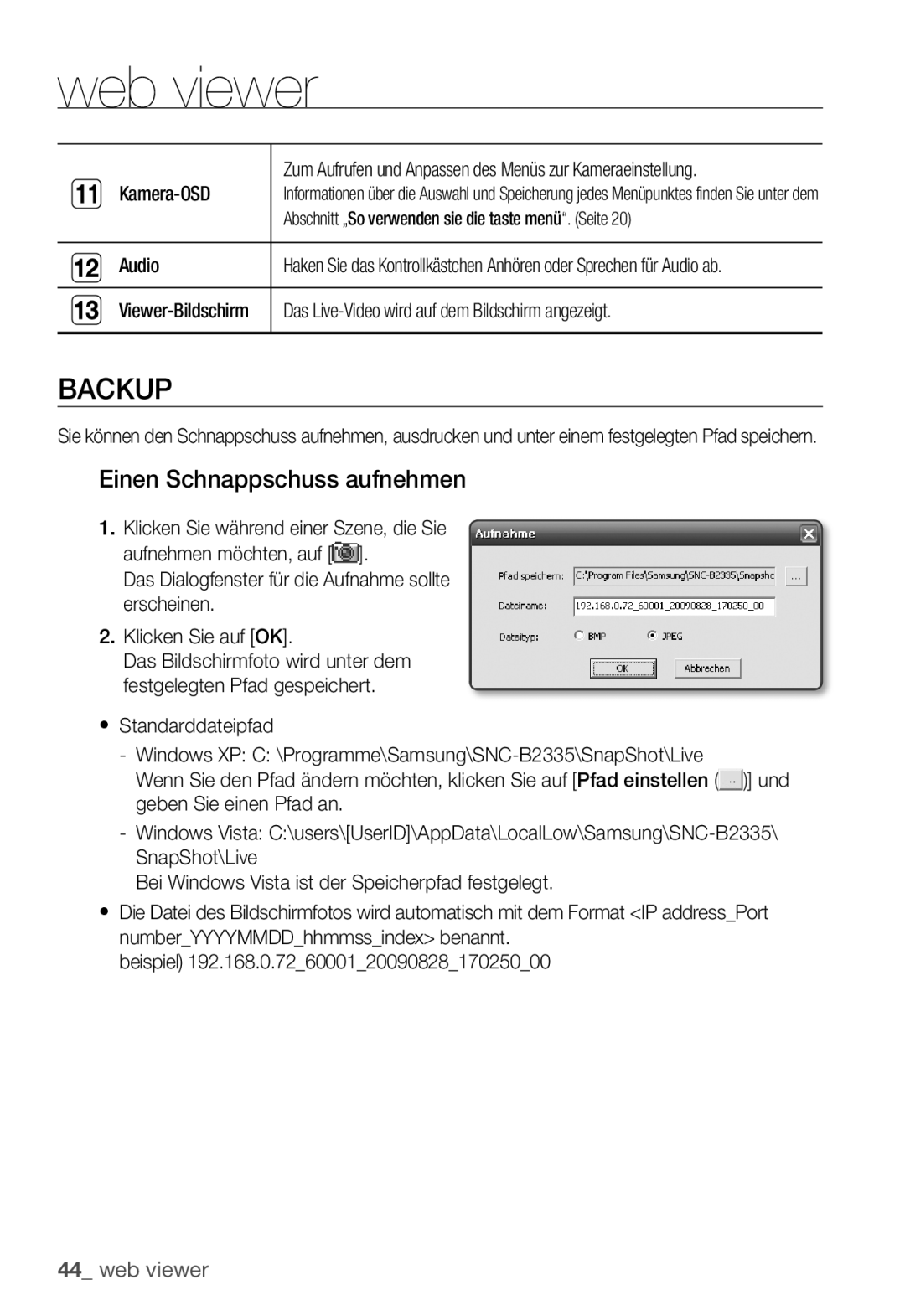 Samsung SNC-B2335P manual Backup, Einen Schnappschuss aufnehmen, Abschnitt „So verwenden sie die taste menü. Seite Audio 