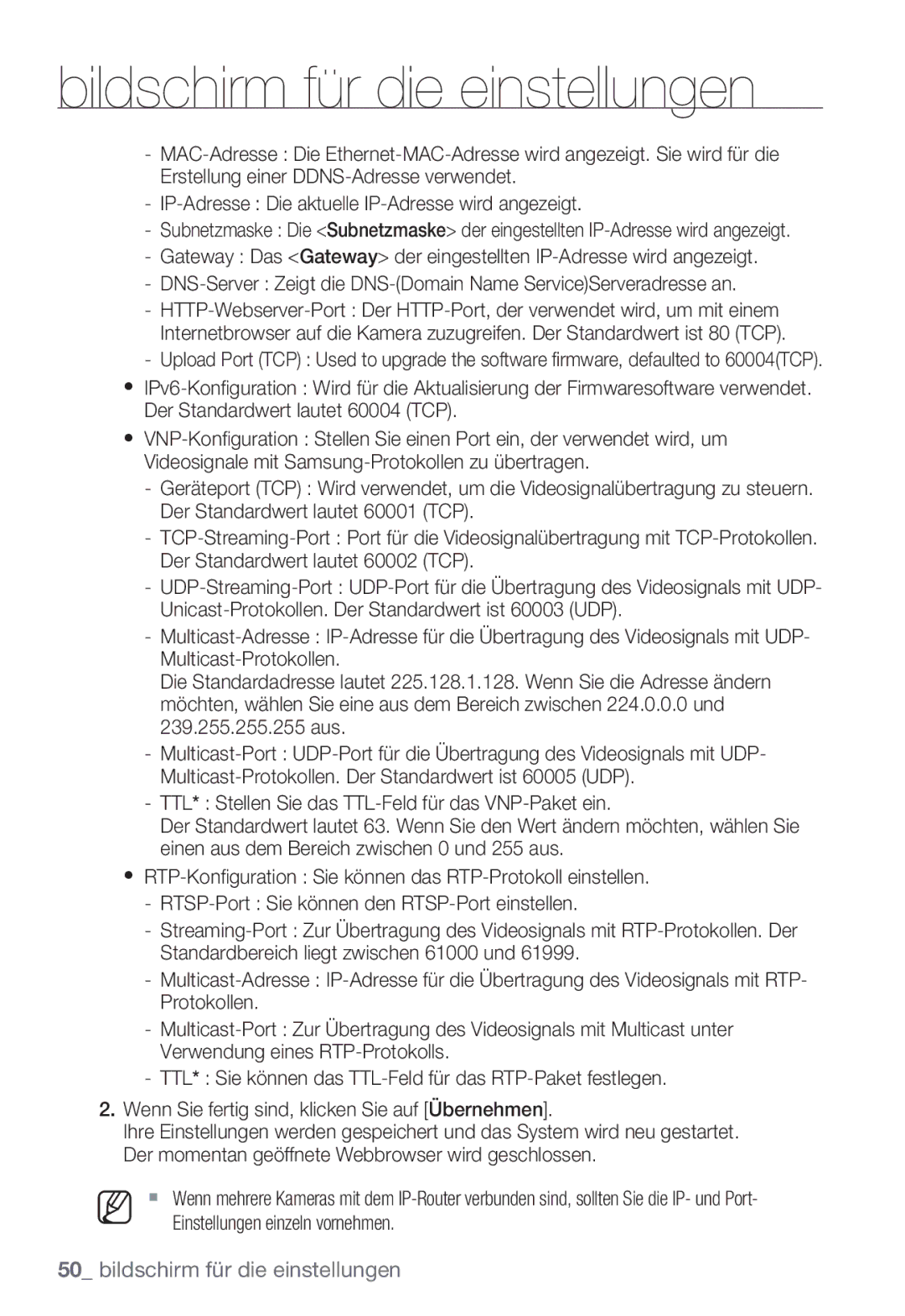 Samsung SNC-B2335P manual Bildschirm für die einstellungen 