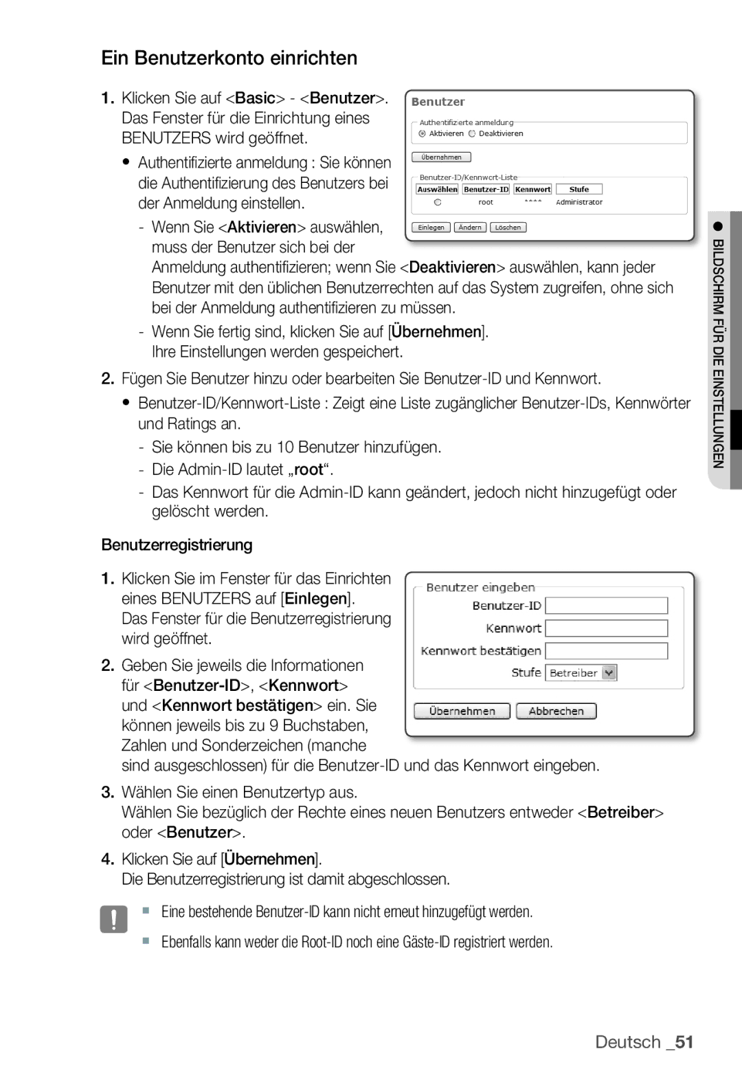 Samsung SNC-B2335P manual Ein Benutzerkonto einrichten, Das Fenster für die Benutzerregistrierung wird geöffnet 