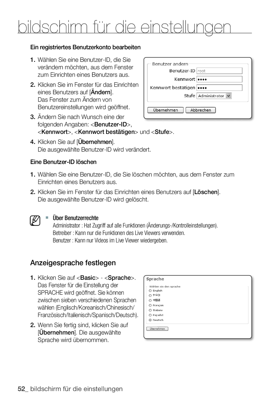 Samsung SNC-B2335P manual Anzeigesprache festlegen, Ein registriertes Benutzerkonto bearbeiten 