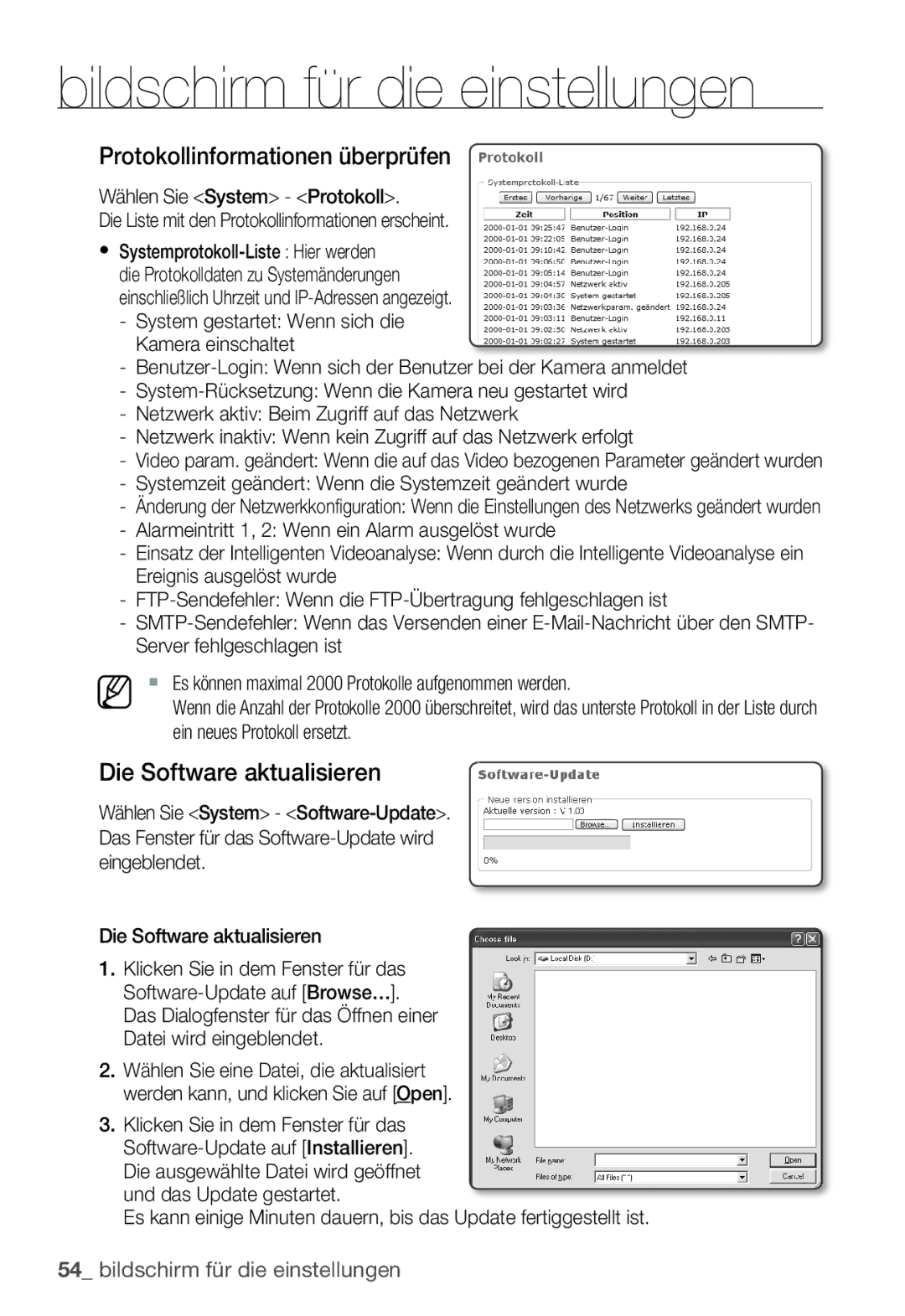 Samsung SNC-B2335P manual Protokollinformationen überprüfen, Die Software aktualisieren, Ein neues Protokoll ersetzt 