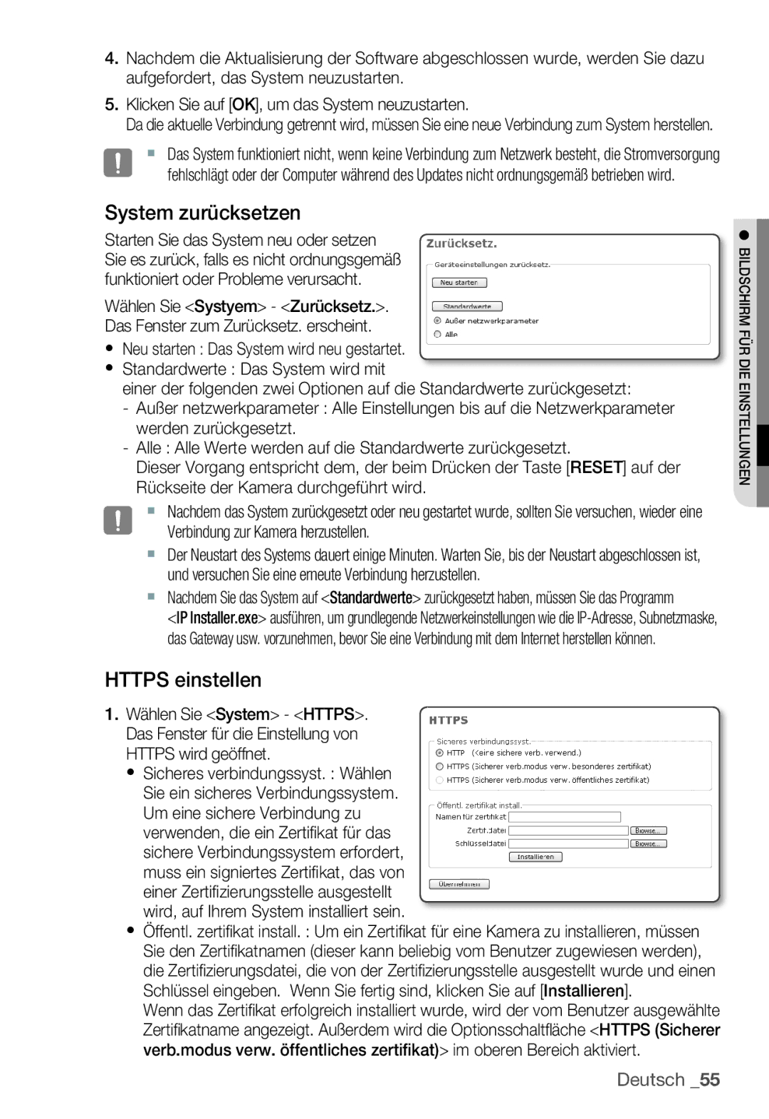 Samsung SNC-B2335P System zurücksetzen, Https einstellen, Https wird geöffnet, Wird, auf Ihrem System installiert sein 