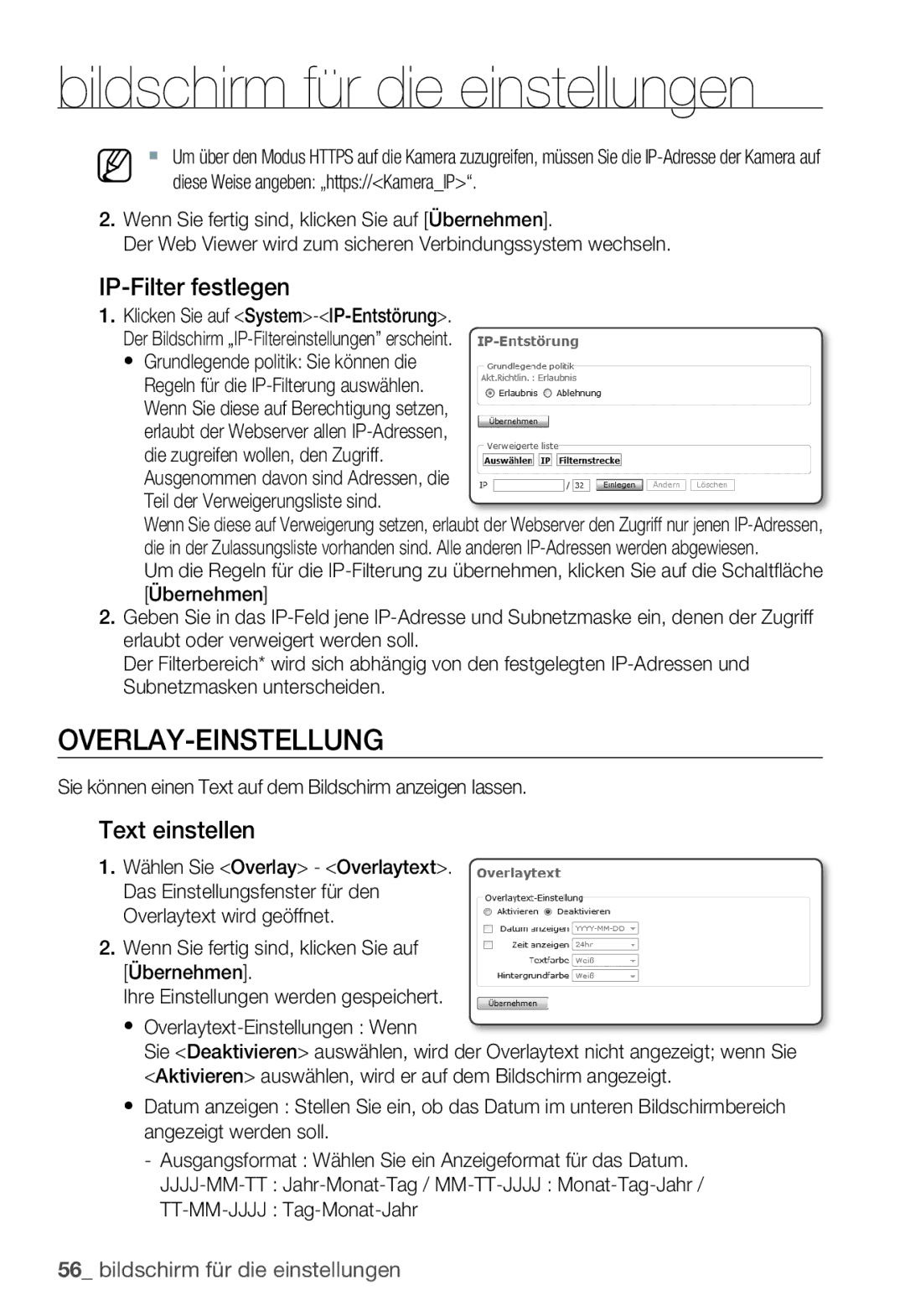 Samsung SNC-B2335P manual Overlay-Einstellung, IP-Filter festlegen, Text einstellen, Klicken Sie auf System-IP-Entstörung 