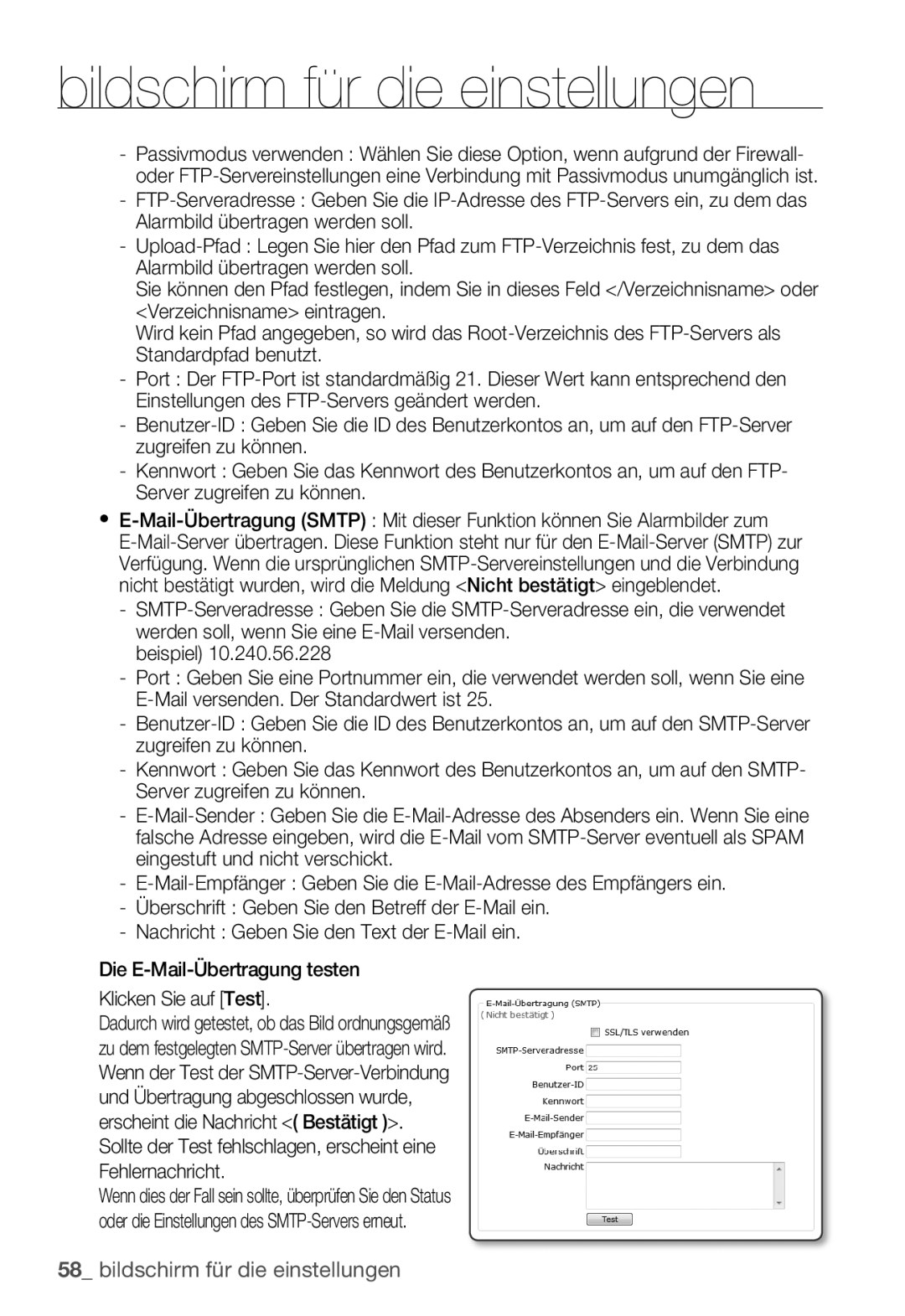 Samsung SNC-B2335P manual Bildschirm für die einstellungen 