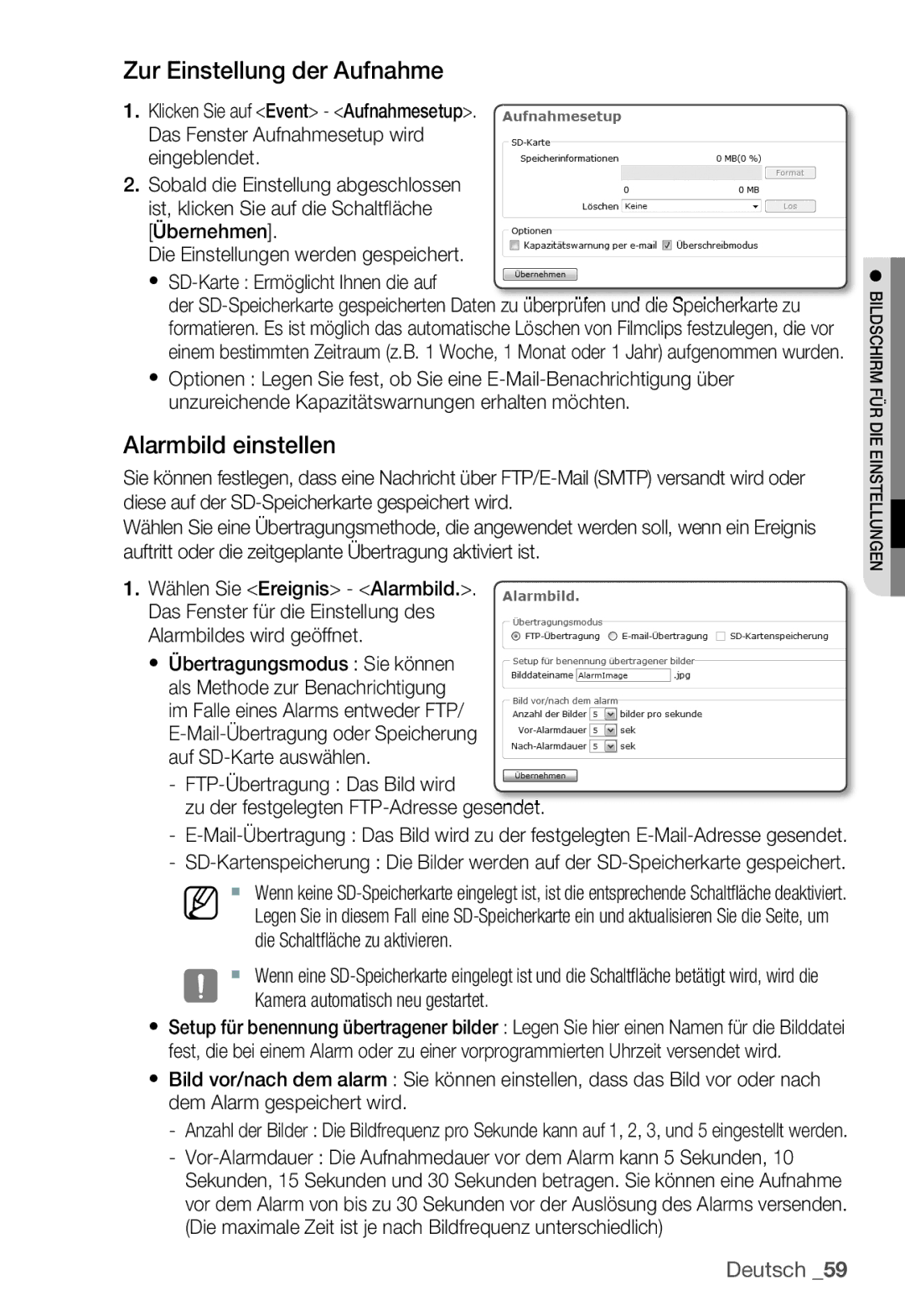 Samsung SNC-B2335P manual Zur Einstellung der Aufnahme, Alarmbild einstellen 