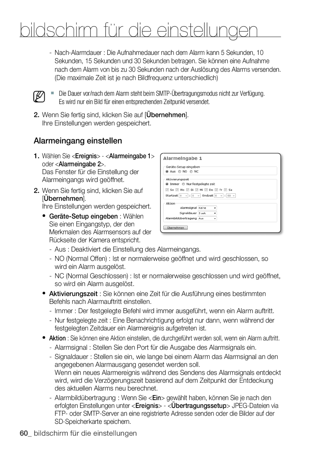 Samsung SNC-B2335P manual Alarmeingang einstellen, Wenn Sie fertig sind, klicken Sie auf Übernehmen 