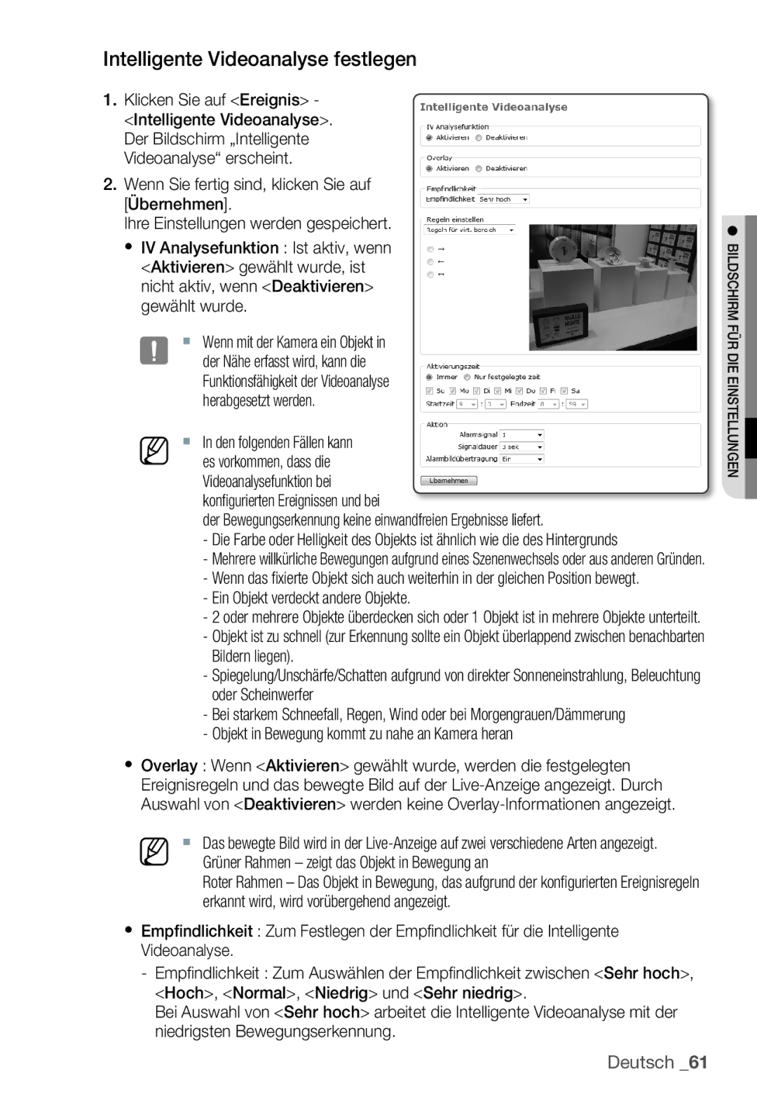 Samsung SNC-B2335P manual Intelligente Videoanalyse festlegen, Nicht aktiv, wenn Deaktivieren gewählt wurde 