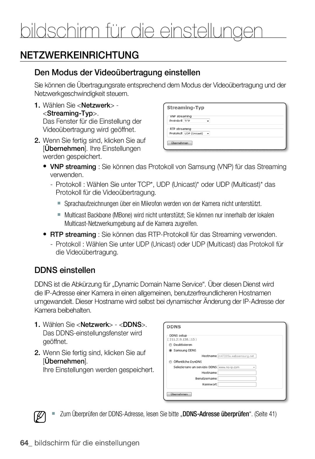 Samsung SNC-B2335P manual Netzwerkeinrichtung, Den Modus der Videoübertragung einstellen, Ddns einstellen 