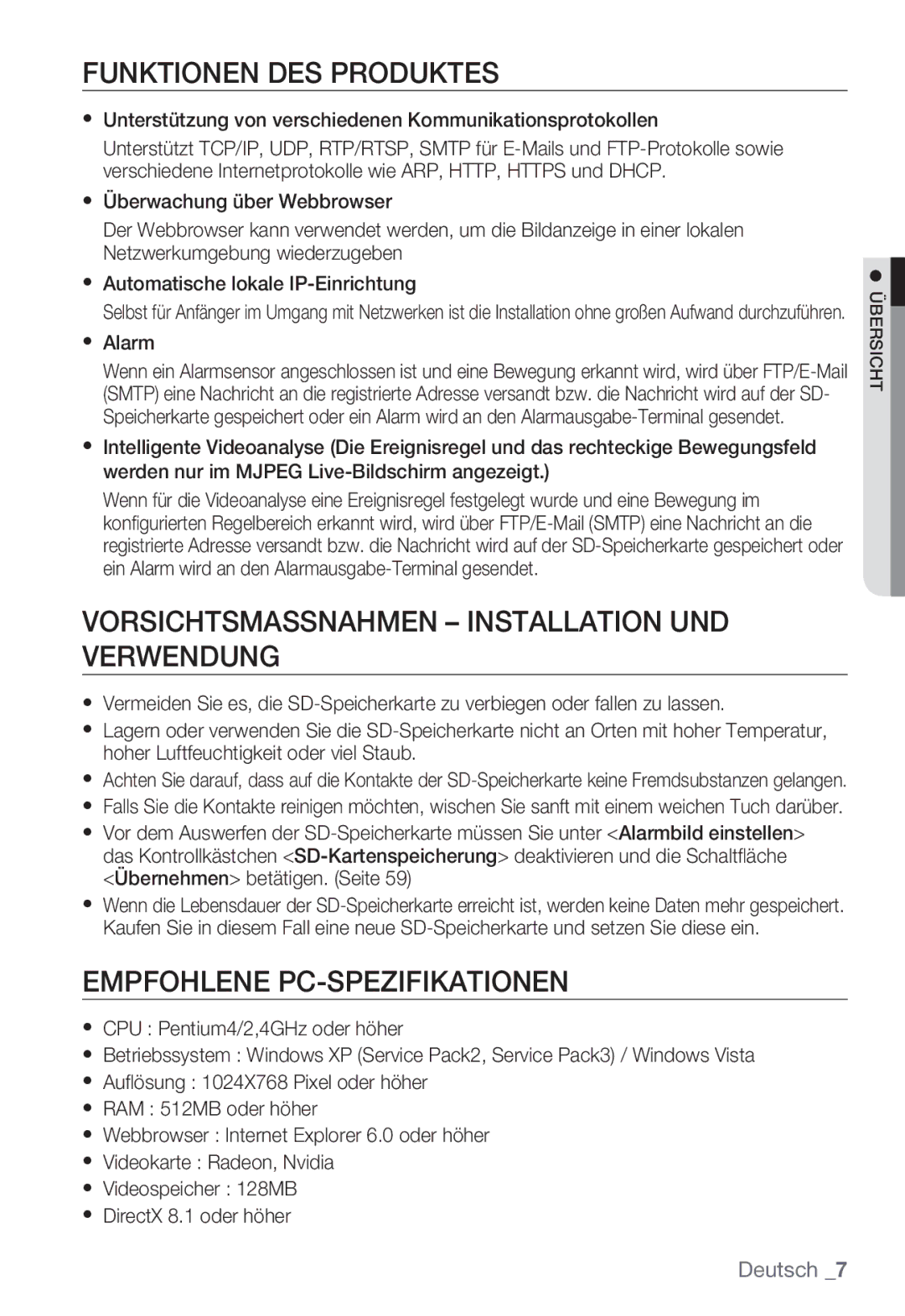 Samsung SNC-B2335P manual Funktionen DES Produktes, Vorsichtsmassnahmen Installation UND Verwendung, Alarm 