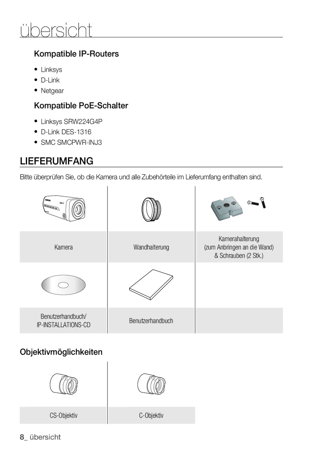 Samsung SNC-B2335P manual Lieferumfang, Kompatible IP-Routers, Kompatible PoE-Schalter, Objektivmöglichkeiten 