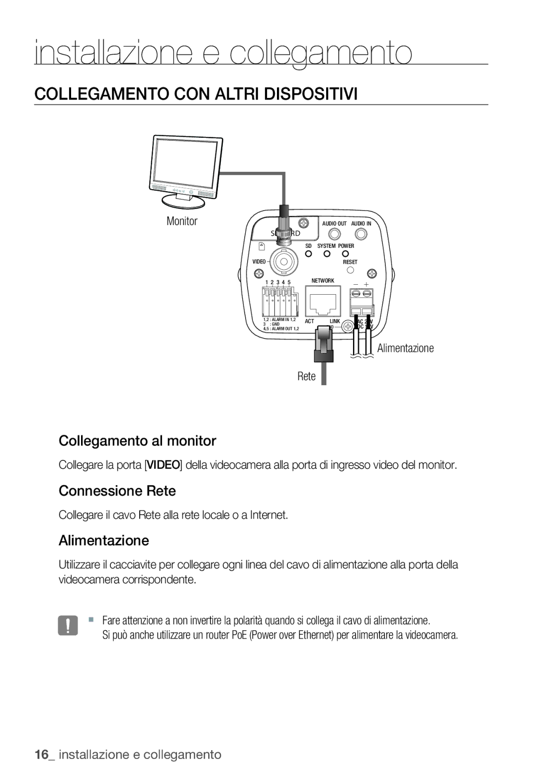 Samsung SNC-B2335P manual Collegamento CON Altri Dispositivi, Collegamento al monitor, Connessione Rete, Alimentazione 