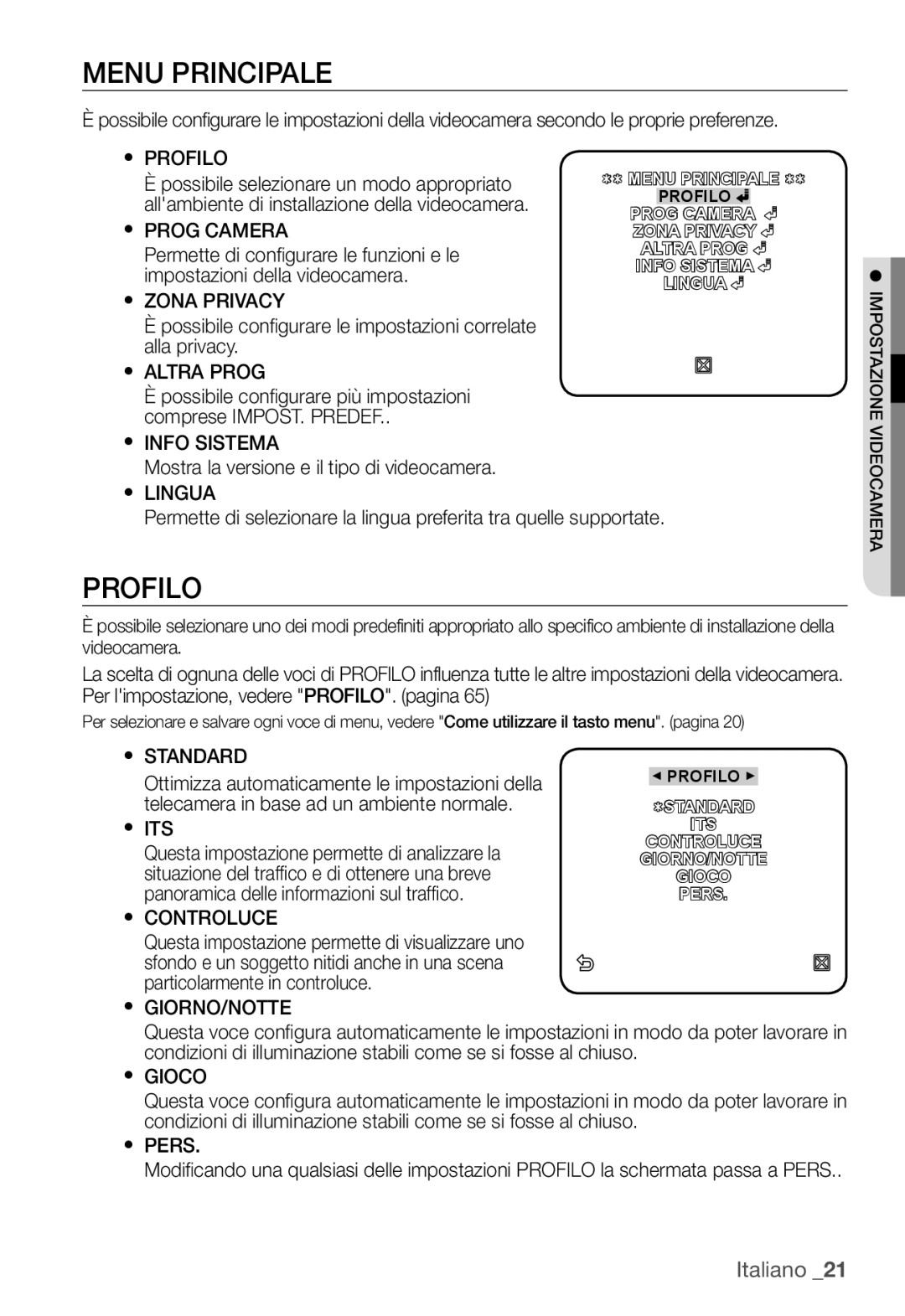 Samsung SNC-B2335P manual Menu Principale, Profilo 