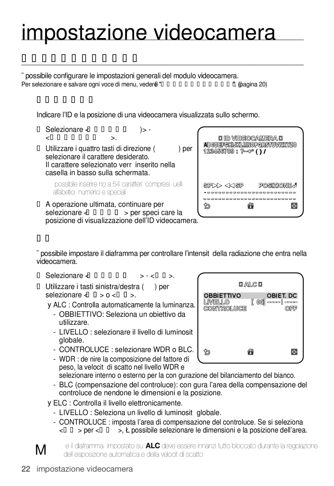 Samsung SNC-B2335P manual Impostazione Videocamera, ID Videocamera, Iris 