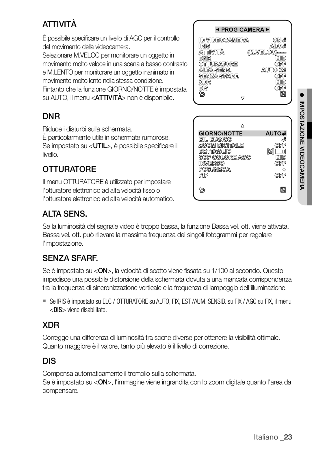 Samsung SNC-B2335P manual Attività, Dnr, Otturatore, Alta Sens, Senza Sfarf, Xdr, Dis 