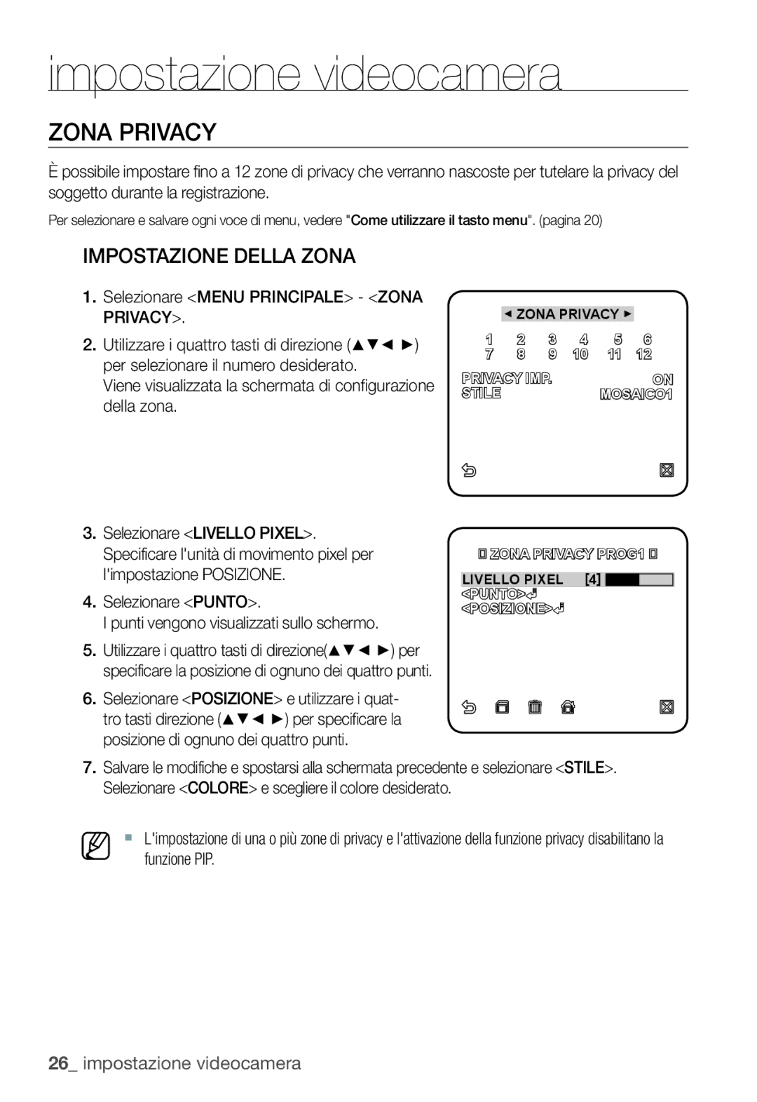 Samsung SNC-B2335P manual Impostazione Della Zona, Selezionare Menu Principale Zona Privacy 