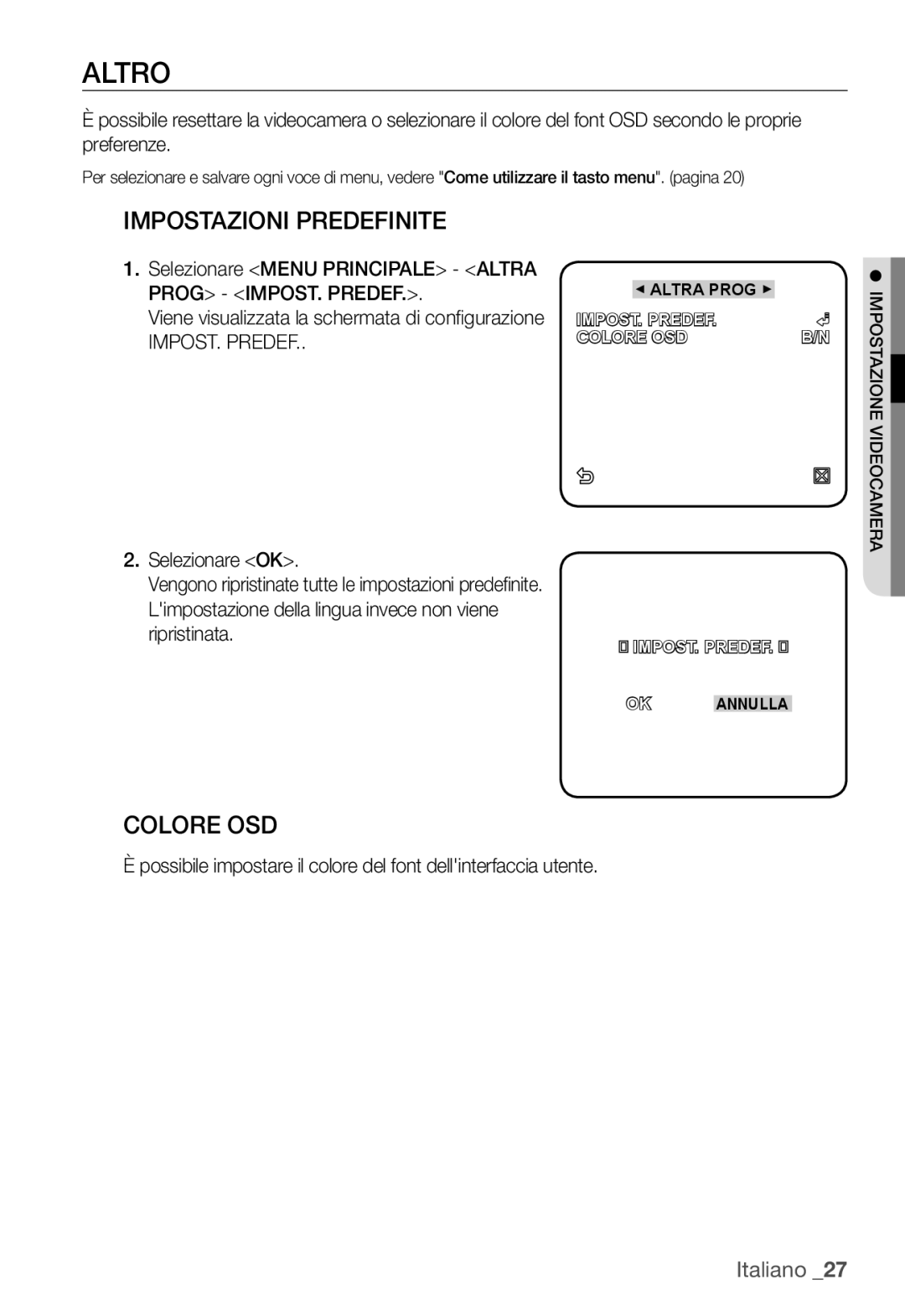 Samsung SNC-B2335P manual Altro, Impostazioni Predefinite, Colore OSD 