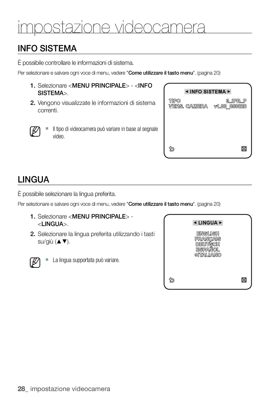 Samsung SNC-B2335P manual Info Sistema, Lingua, Possibile controllare le informazioni di sistema 