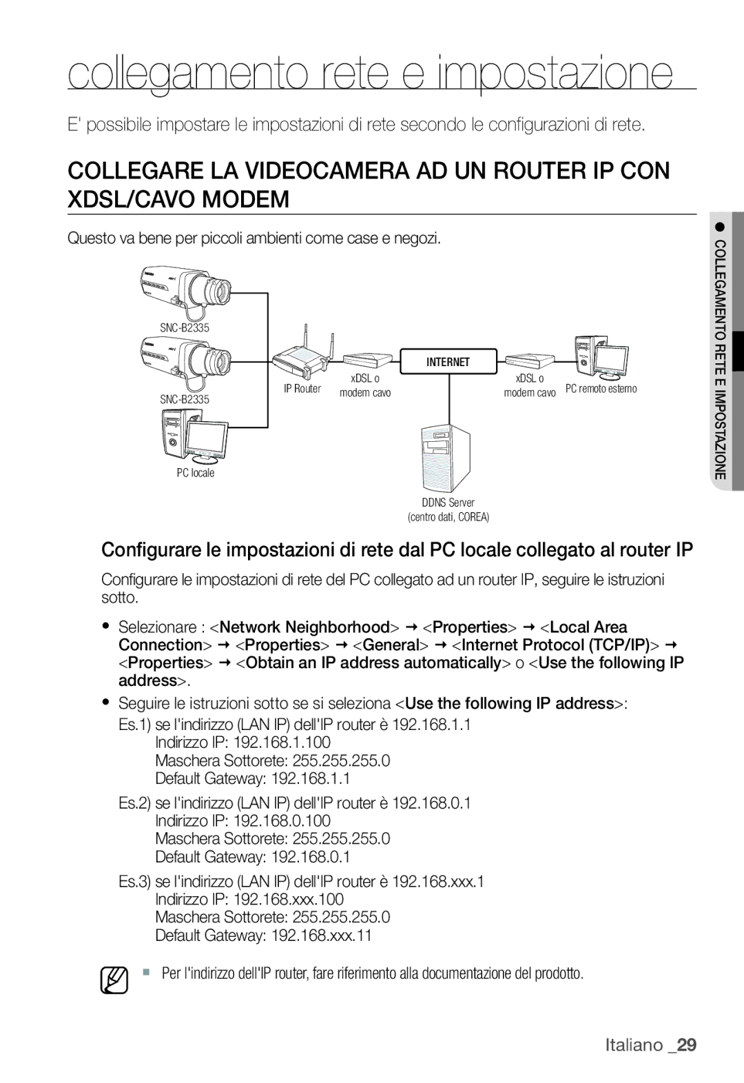 Samsung SNC-B2335P manual Collegare LA Videocamera AD UN Router IP CON XDSL/CAVO Modem 