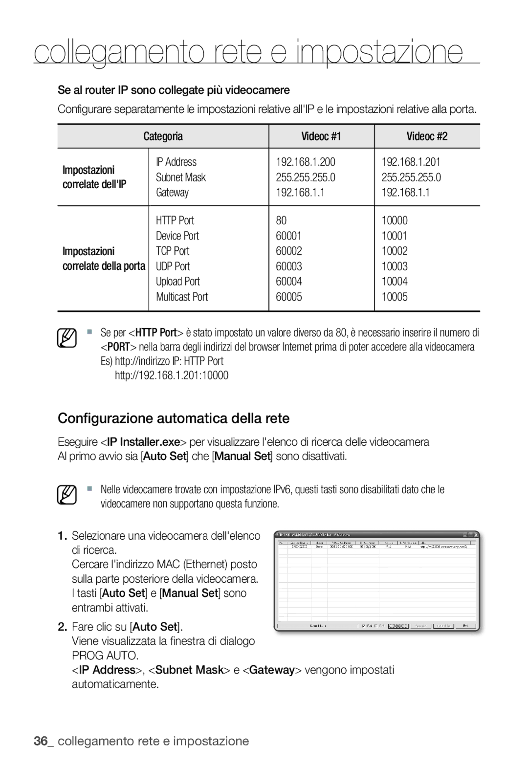 Samsung SNC-B2335P manual Configurazione automatica della rete, Se al router IP sono collegate più videocamere, Prog Auto 