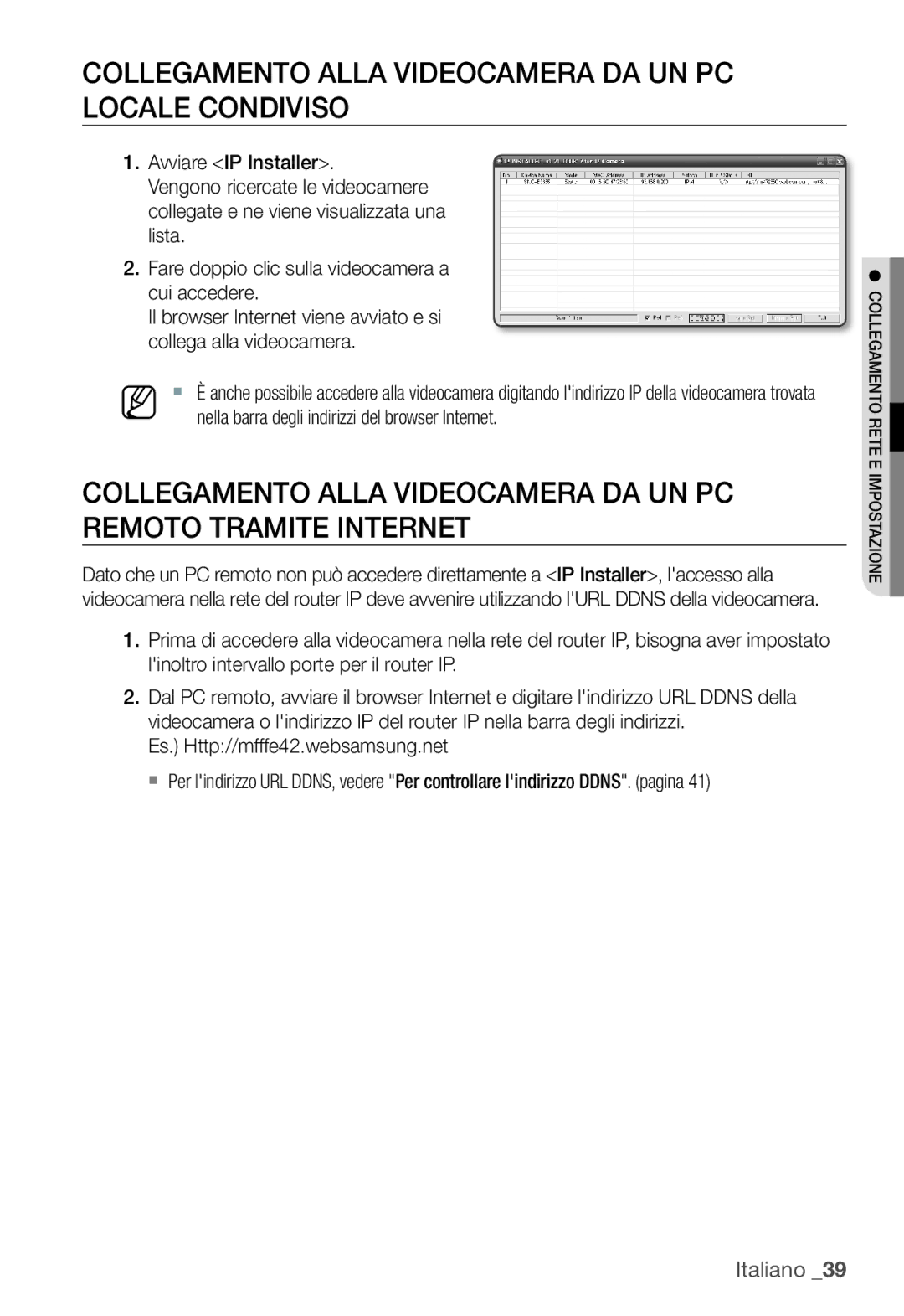 Samsung SNC-B2335P manual Collegamento Alla Videocamera DA UN PC Locale Condiviso, Es. Http//mfffe42.websamsung.net 