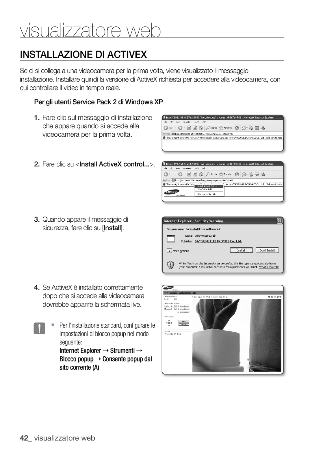 Samsung SNC-B2335P manual Installazione DI Activex, Fare clic su Install ActiveX control 