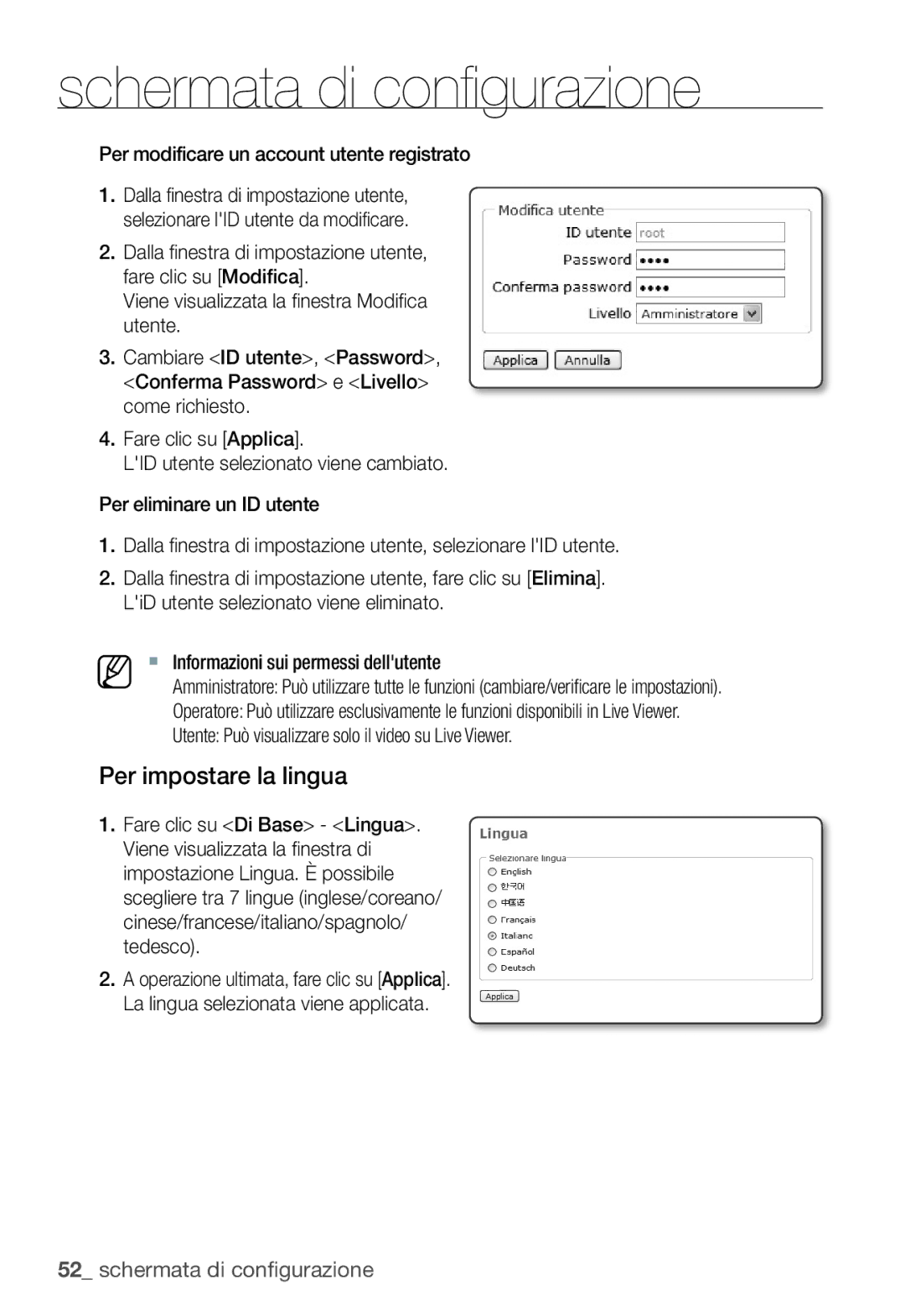 Samsung SNC-B2335P manual Per impostare la lingua, Per modificare un account utente registrato 