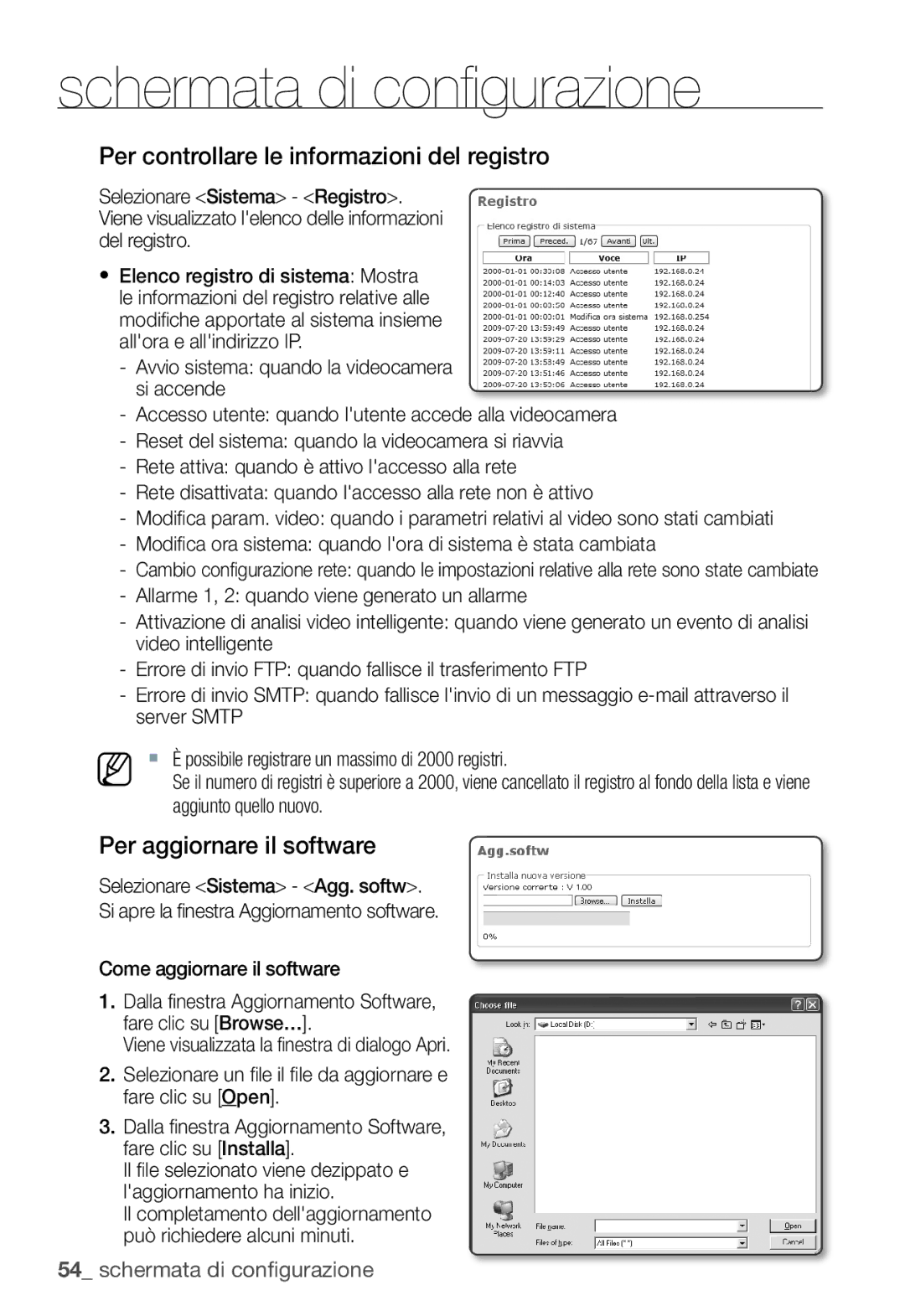 Samsung SNC-B2335P manual Per controllare le informazioni del registro, Per aggiornare il software, Aggiunto quello nuovo 