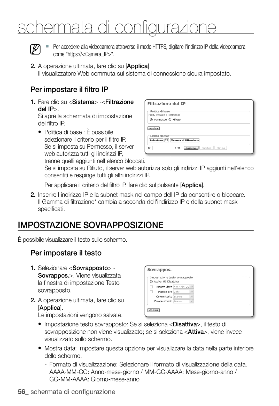 Samsung SNC-B2335P manual Impostazione Sovrapposizione, Per impostare il filtro IP, Per impostare il testo 