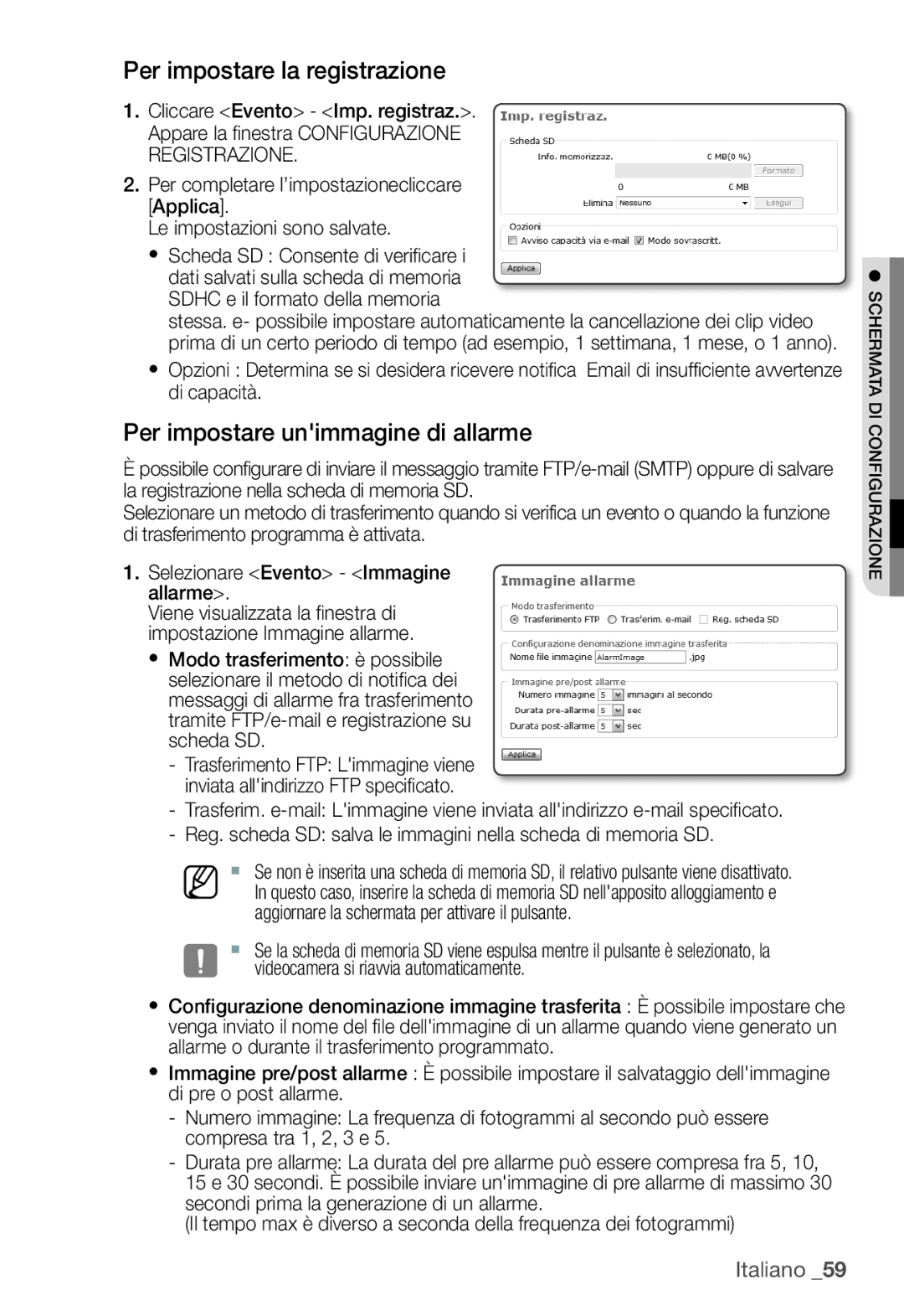 Samsung SNC-B2335P manual Per impostare la registrazione, Per impostare unimmagine di allarme 